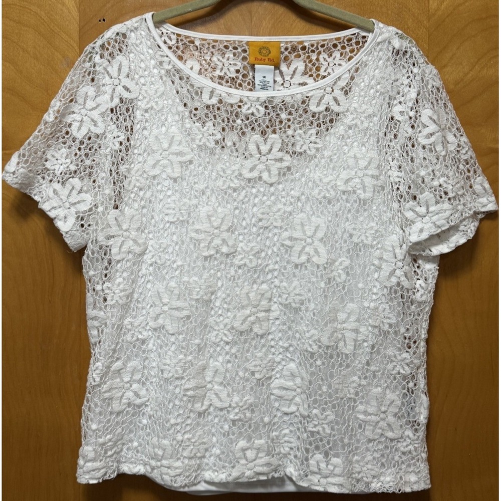 Ruby Rd. Womens Floral Lace Overlay Top w/ Tank Summer Beachy White Sz 14
